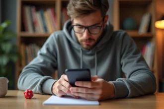 Homme utilisant Google Lancer le dé sur smartphone avec un vrai dé posé à côté sur un bureau en bois