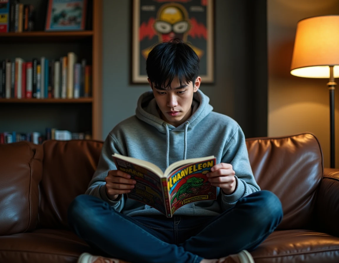 Un jeune homme lisant un comic Marvel mettant en scène le vilain Caméléon dans son appartement