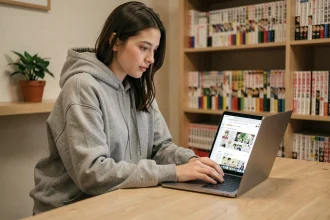 Jeune femme lisant des mangas en ligne sur un laptop dans un bureau minimaliste
