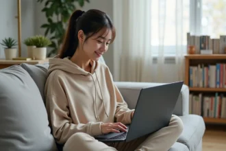 Jeune femme lisant des mangas en ligne sur un site de lecture numérique depuis son canapé