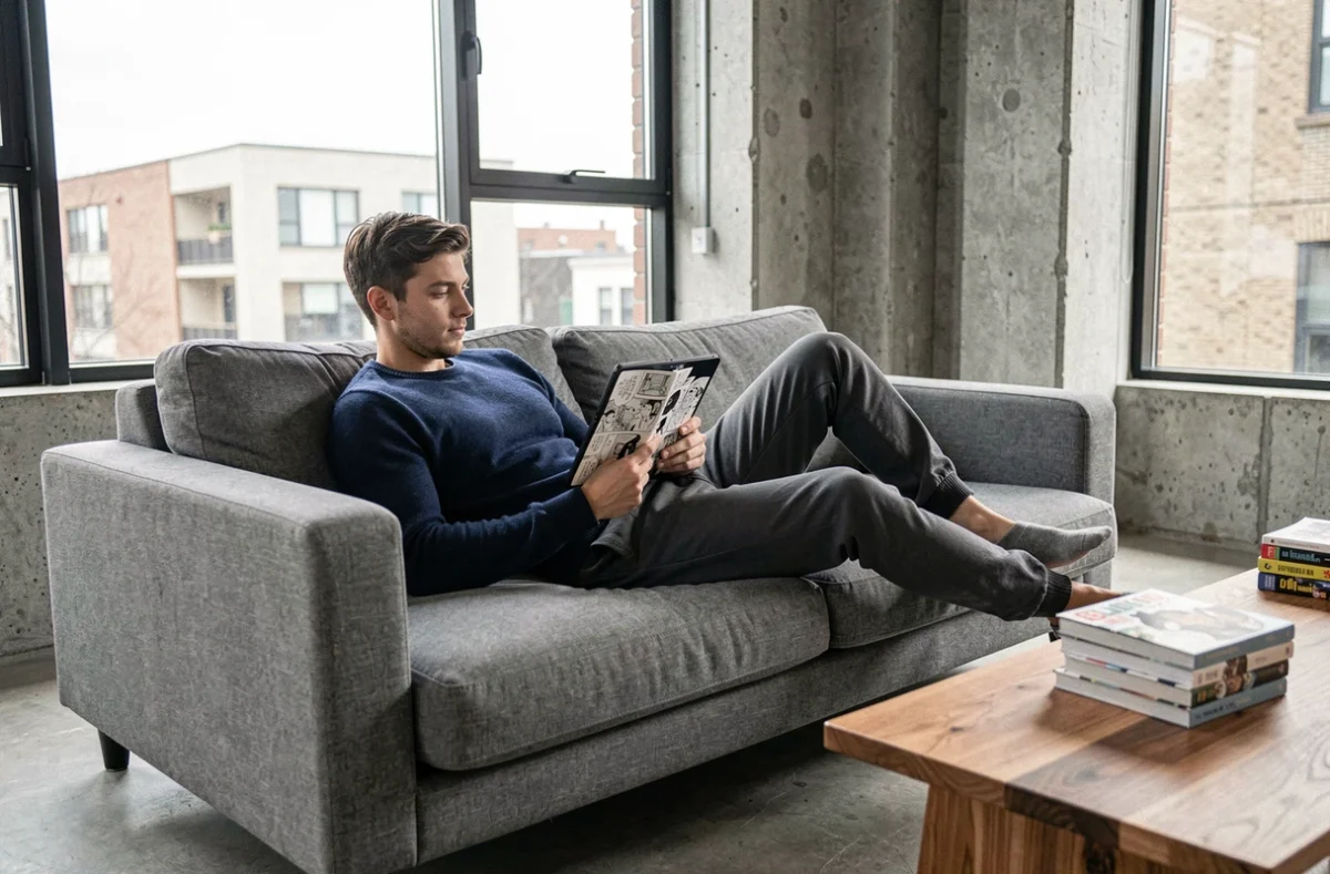 Homme lisant des mangas sur tablette allongé dans un salon moderne