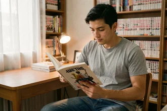 Jeune homme lisant un manhwa coréen à son bureau, entouré de mangas et de bandes dessinées, illustration d'une critique de Secret Class