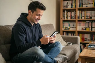Jeune homme lisant Solo Leveling sur une application manga sur smartphone dans un salon avec des volumes de manga en arrière-plan