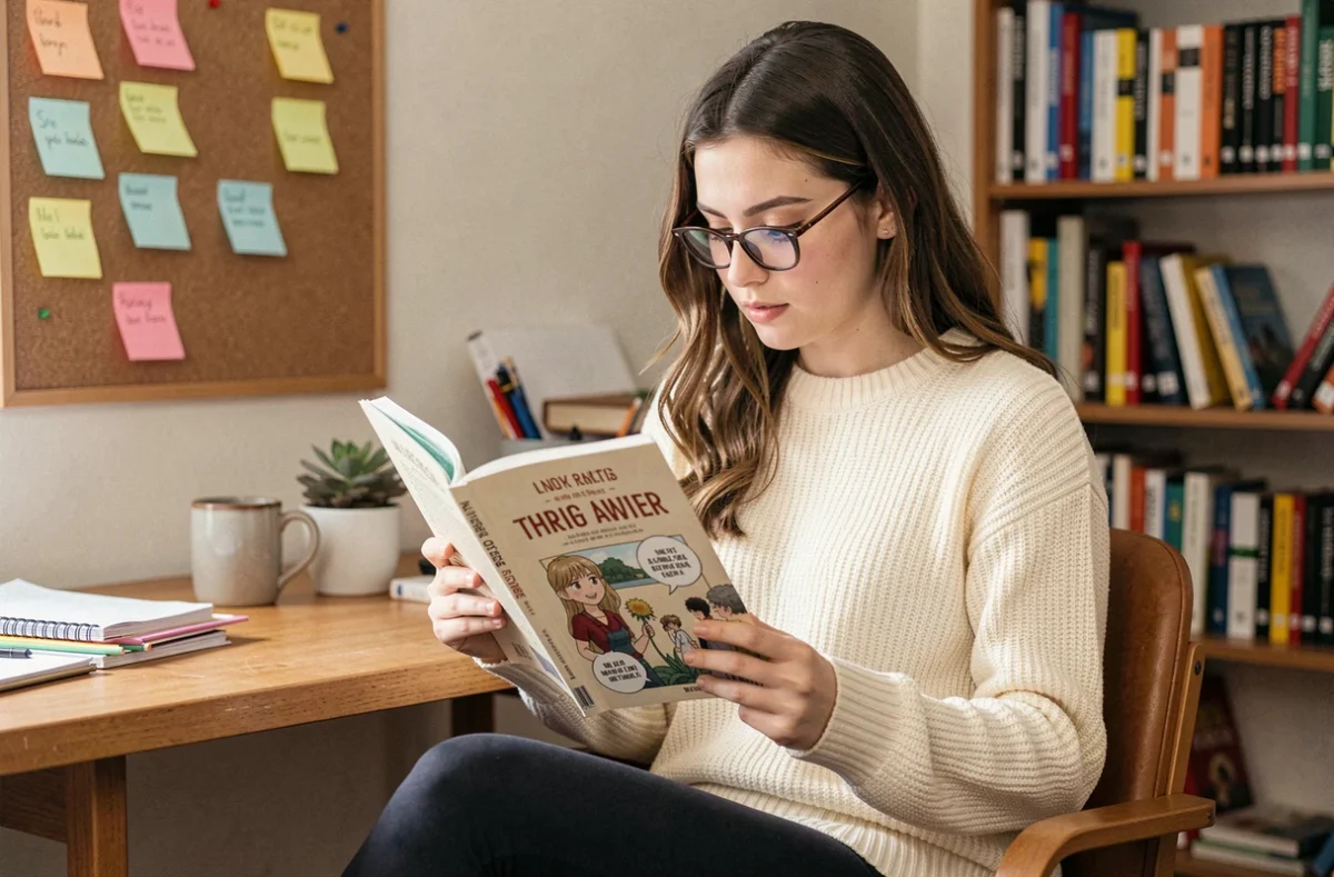 Jeune femme lisant un volume papier de Solo Leveling en français à son bureau avec des fournitures et une tasse de café