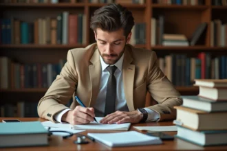 Jeune homme en costume beige étudiant des manuels de médecine à un bureau encombré, évoquant le personnage de Leorio de Hunter x Hunter