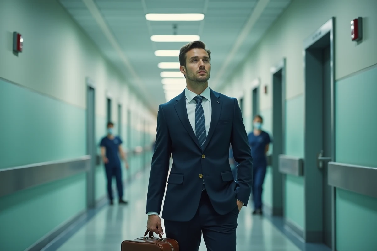 Homme en costume marine tenant une mallette dans un couloir d'hôpital moderne, posture déterminée symbolisant l'ambition héroïque de Leorio dans Hunter x Hunter