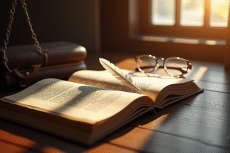 Livre de droit ancien ouvert sur un bureau en bois avec lunettes et plume