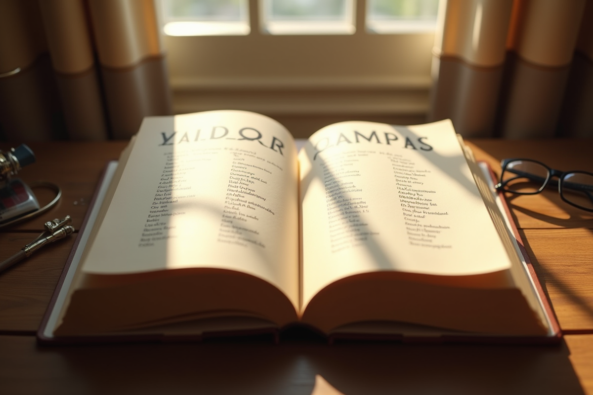 Livre ancien ouvert avec liste de noms G sur un bureau en bois