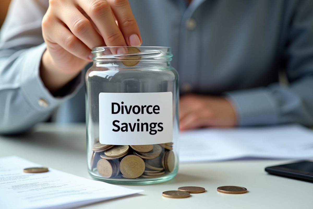 Main déposant des pièces dans un pot marqué divorce sur un bureau