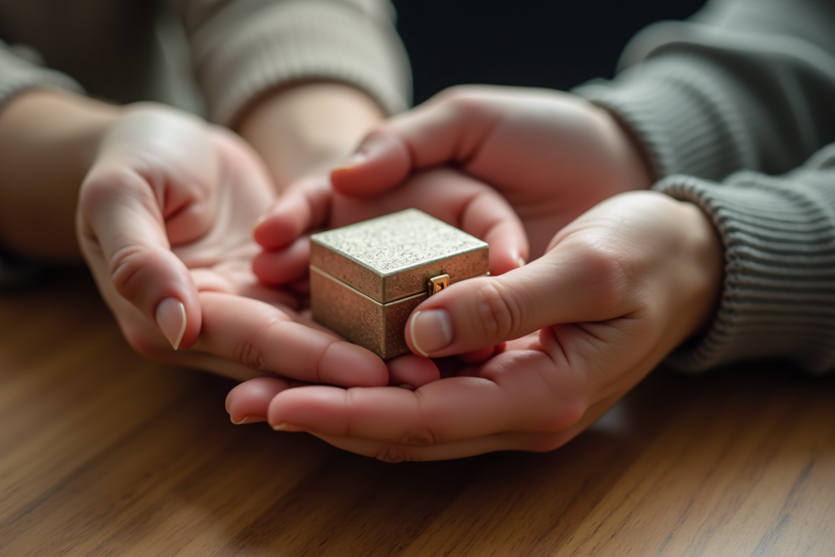 Mains tenant une boîte à bijoux élégante sur une surface en bois