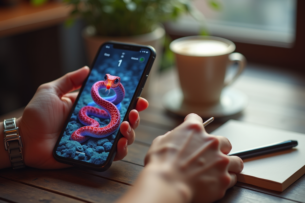 Mains tenant un smartphone avec un jeu snake coloré sur une table de café