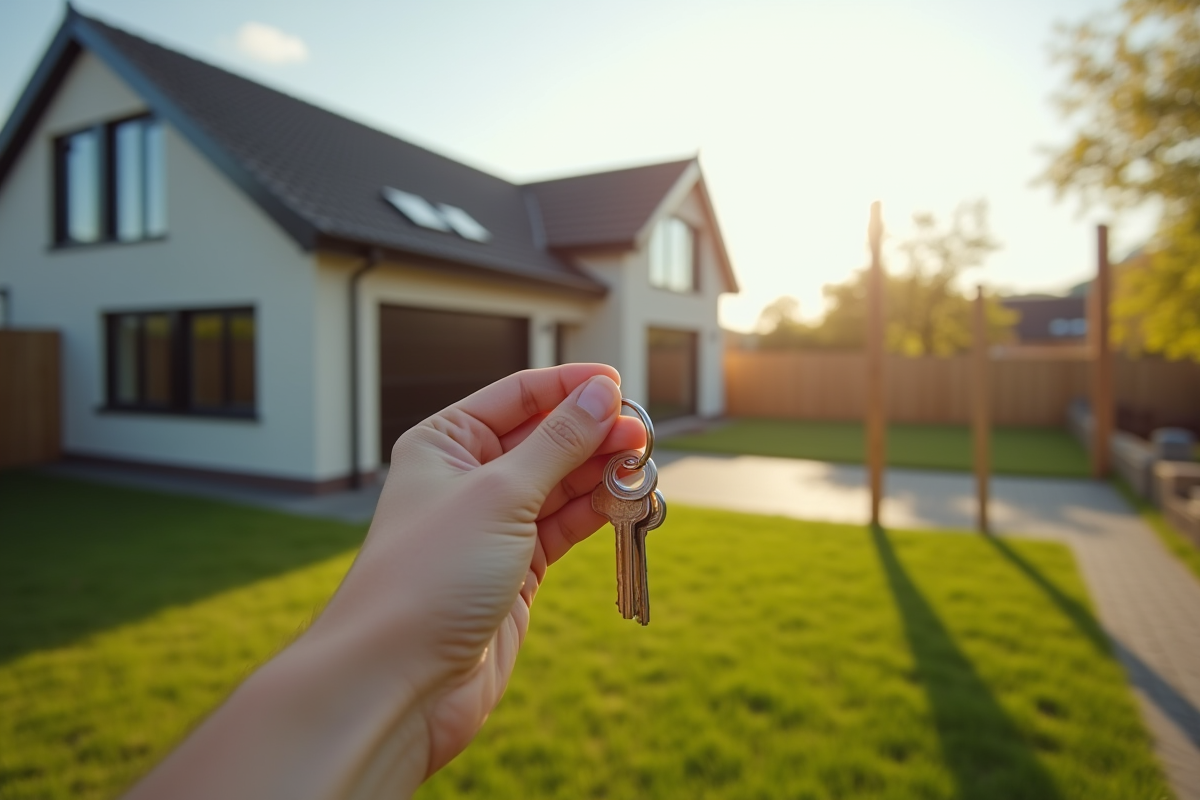 Maison moderne avec clôture et clés en main en plein jour