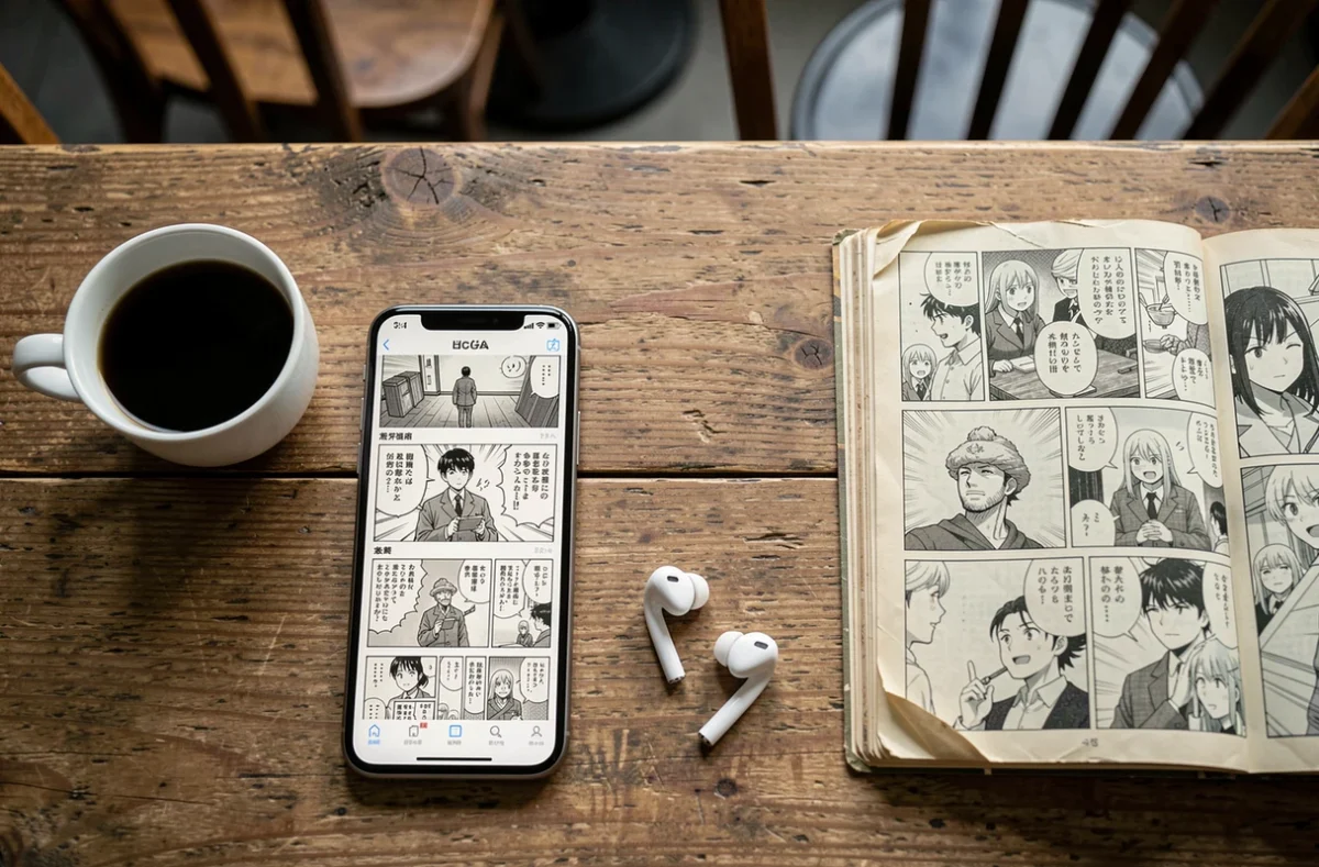 Comparaison lecture manga numérique et physique sur une table de café avec smartphone et livre