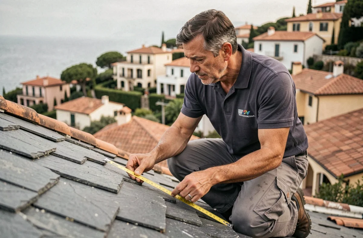Manne Stéphane, couvreur artisan inspectant le faîtage d'un toit en ardoise près de Nice