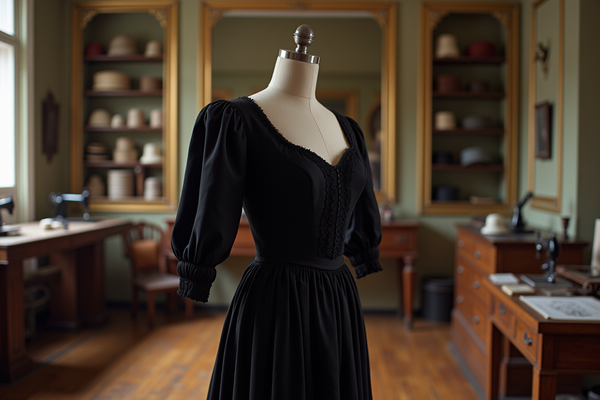 Mannequin en robe noire dans un atelier de mode parisien vintage
