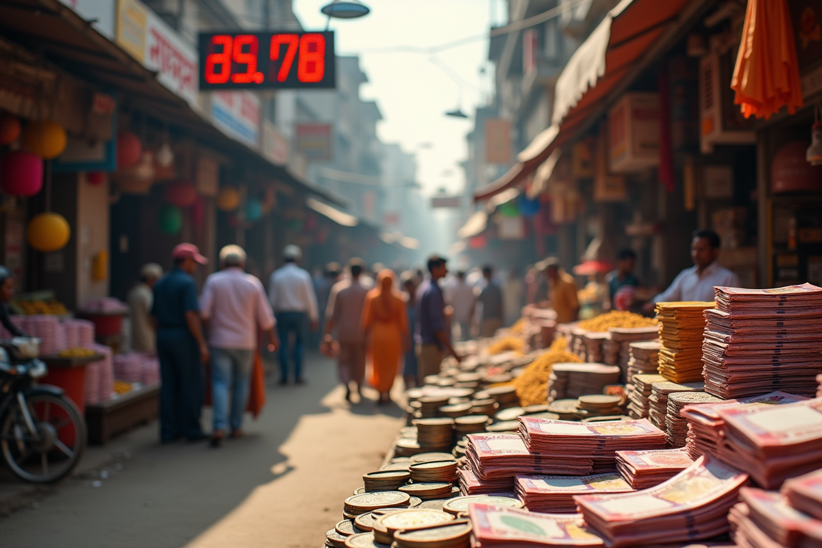 Marché indien animé avec vendeurs et billets de roupie colorés