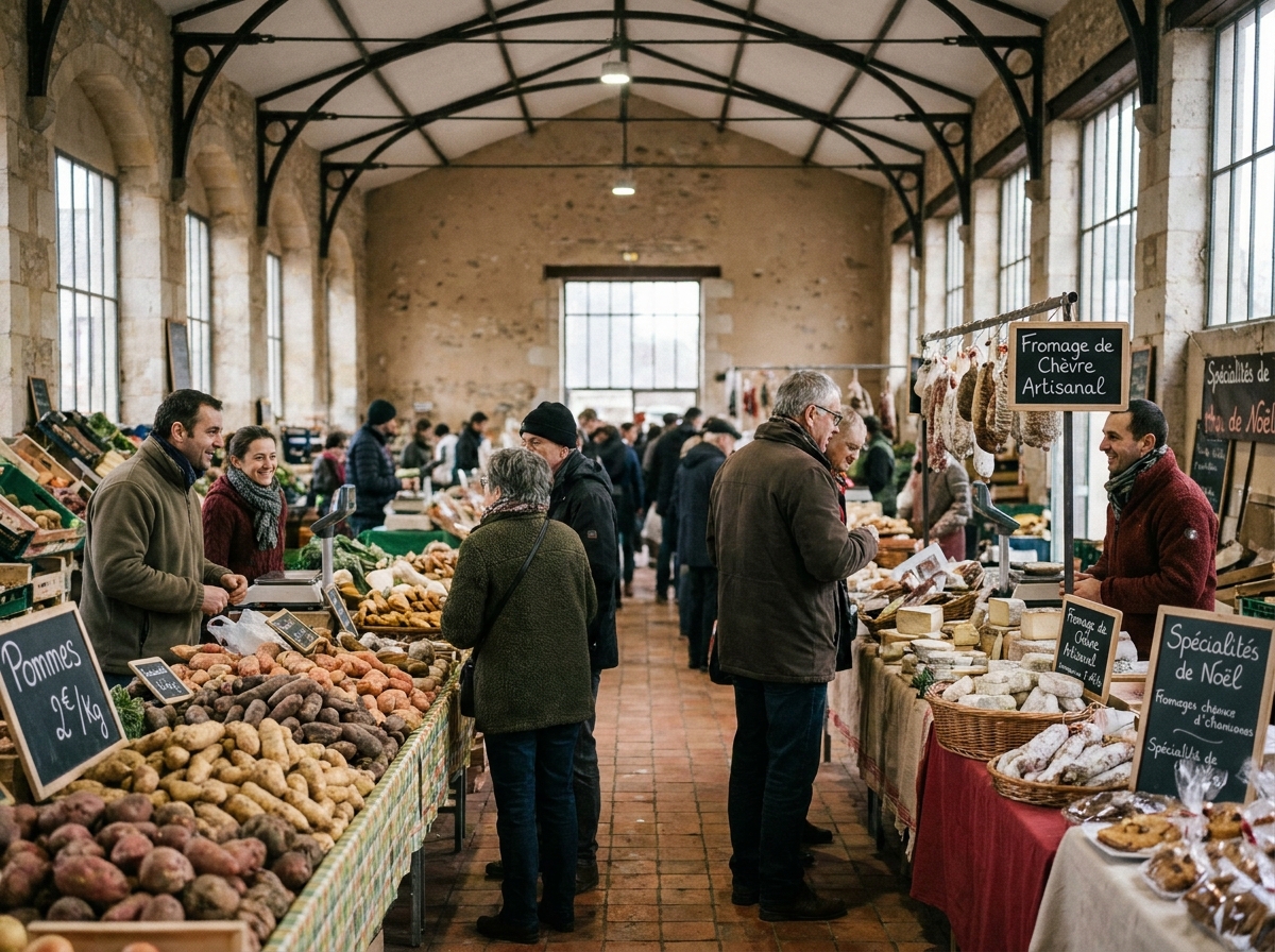 Marché local animé dans l'Oise avec des commerçants proposant des produits festifs de saison