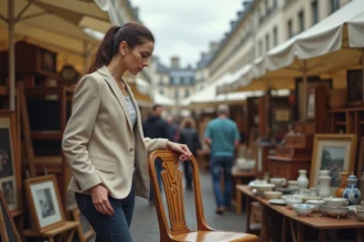 Femme inspectant un meuble ancien au marché aux puces de la Porte de Vanves à Paris