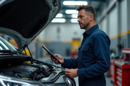 Mécanicien homme en overalls étudie un moteur Renault