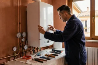 Un chauffagiste professionnel inspecte une chaudière moderne dans un appartement de Nice