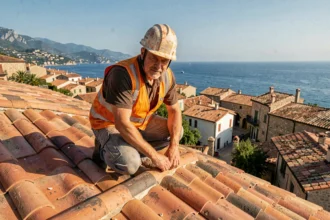 Couvreur professionnel sur un toit en tuiles avec la côte méditerranéenne des Alpes-Maritimes en arrière-plan