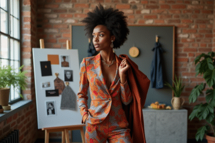 Femme élégante en tailleur mode dans un studio moderne