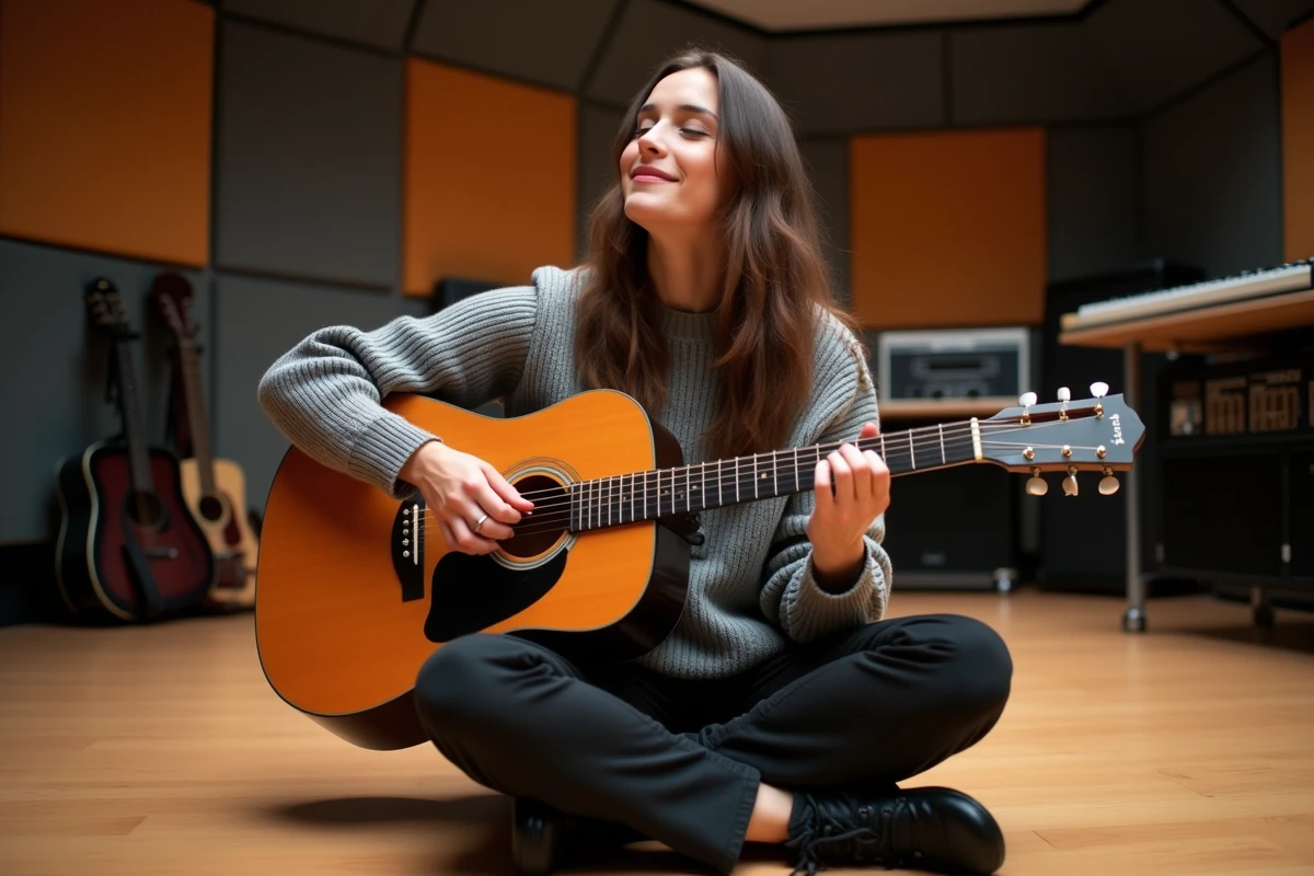 Musicienne assise sur le sol d'un studio d'enregistrement professionnel en train de travailler ses transitions d'accords à la guitare