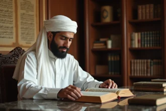 Musulman en thawb lisant le Quran dans un bureau traditionnel