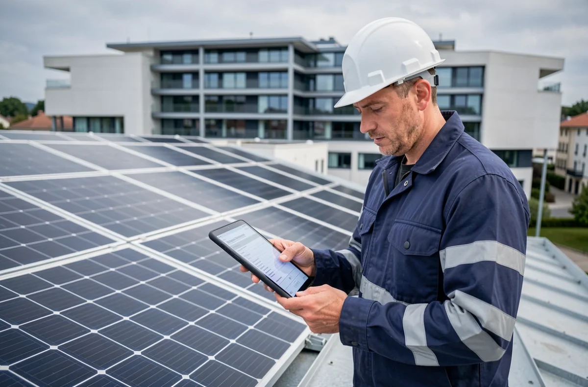 Couvreur My Toiture Conforme vérifiant la conformité technique d'une installation de panneaux solaires à Sophia Antipolis