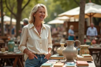 Femme négociant le prix d'un vase ancien lors d'un vide grenier en Alpes Maritimes