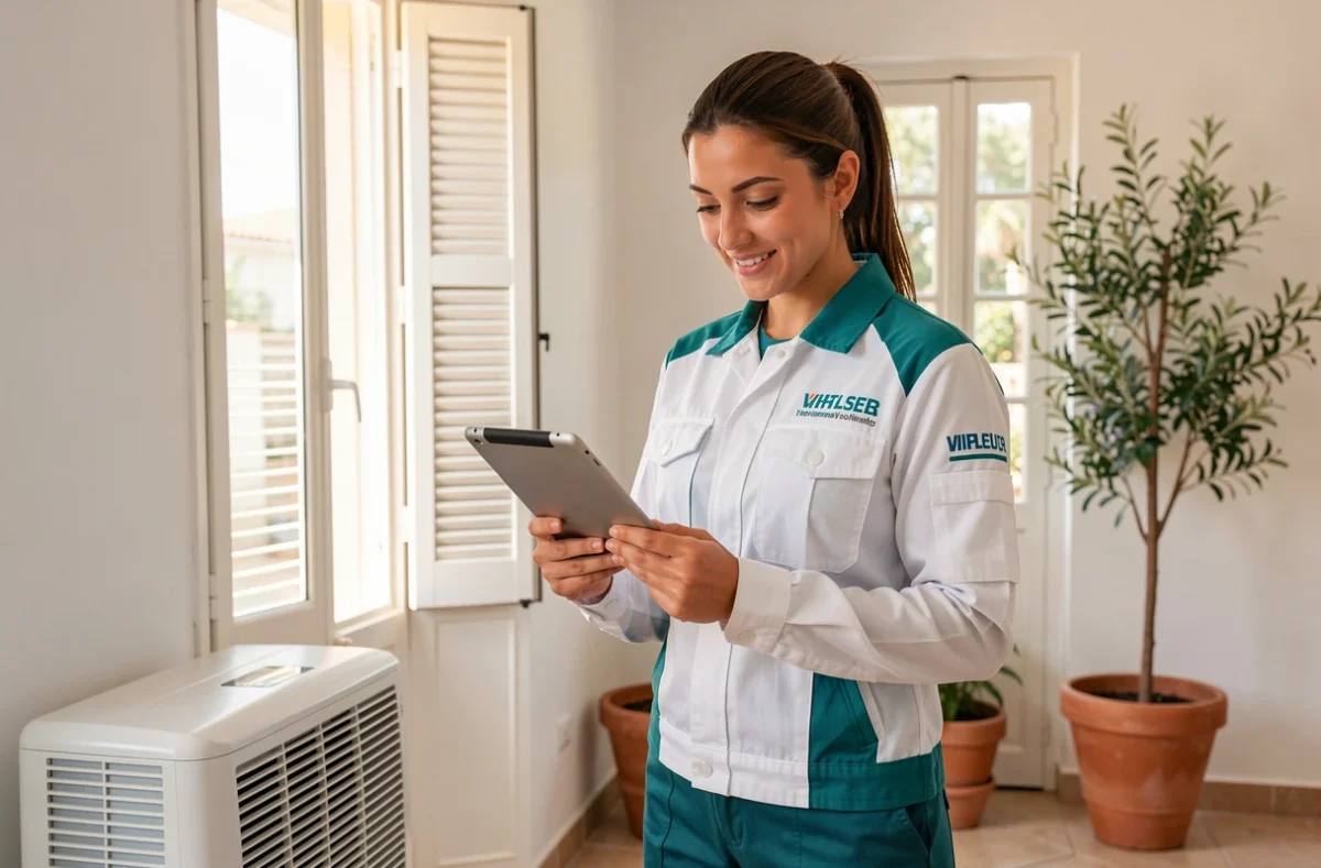 Technicienne de Nice Climat Services consultant une tablette devant un climatiseur dans un appartement niçois