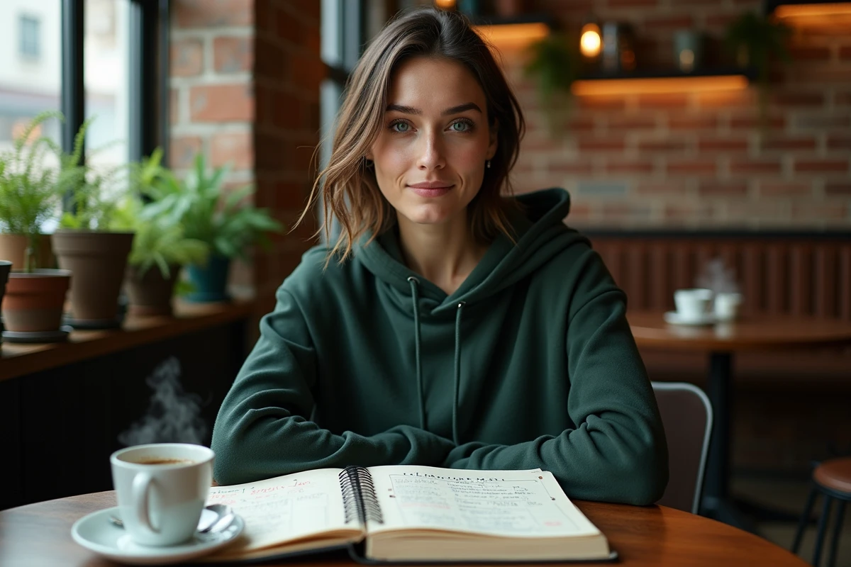 Femme prenant des notes sur les âges des personnages Dragon Ball dans un carnet ouvert au café