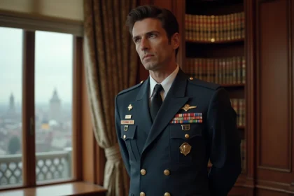 Officier en uniforme militaire regardant par la fenêtre