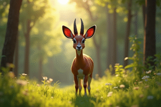 Okapi dans une foret lumineuse et verdoyante