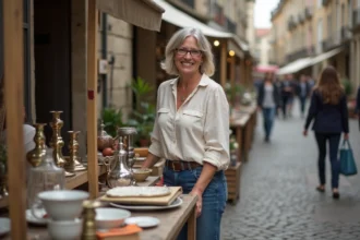 Vendeuse souriante derrière un étal de brocante en plein air dans une commune du Pas-de-Calais