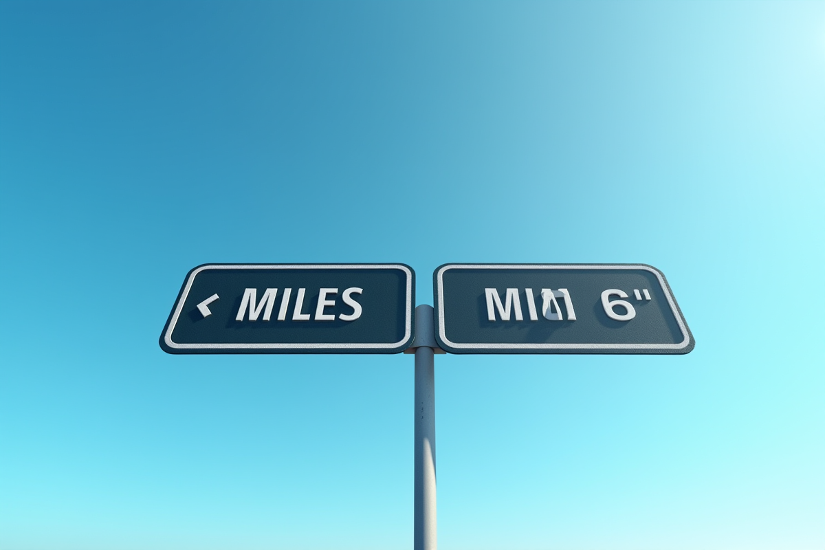 Panneau routier affichant distances en miles et kilomètres sous un ciel bleu