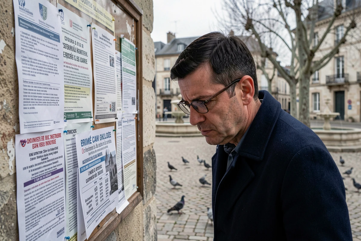 Homme lisant des avis municipaux sur la sécurité urbaine affichés sur un panneau dans une place de ville française