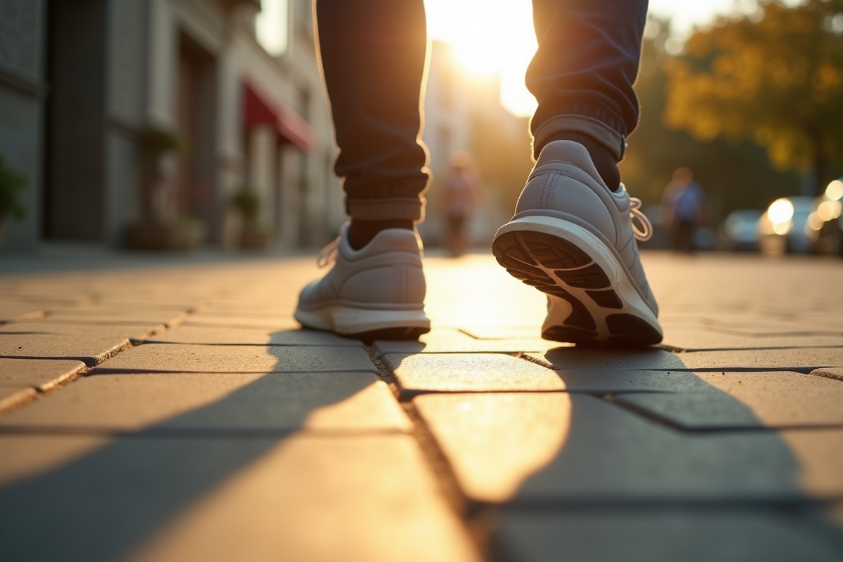 Empreintes de pas sur le trottoir en ville avec lumière du soleil