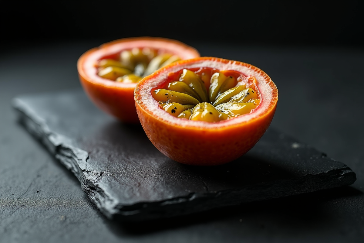 Passion fruit tranché sur une assiette noire brillante