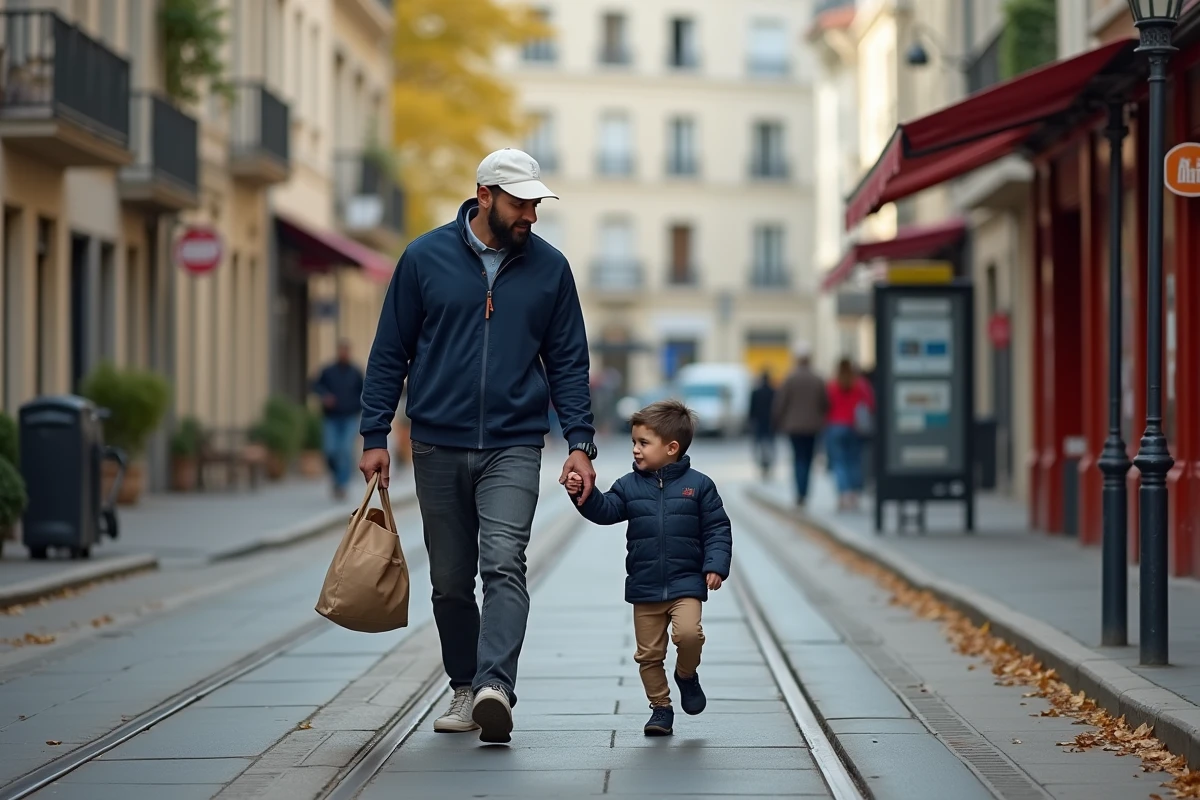 Père musulman gérant son emploi du temps familial selon les horaires de prière dans les rues de Montpellier