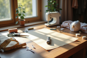 Plan de travail en bois avec outils de couture naturels