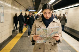 Jeune femme consultant un plan papier du réseau RER Île-de-France sur un quai de métro parisien