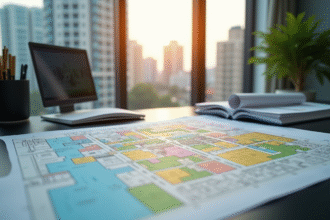 Bureau d'un urbaniste avec plans et cartes colorées