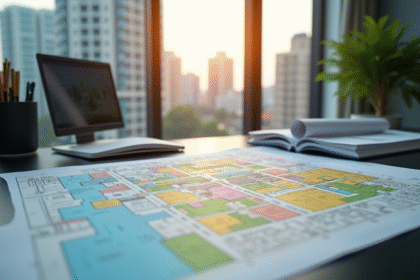 Bureau d'un urbaniste avec plans et cartes colorées