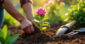 Jardinier plantant des rhododendrons dans la terre