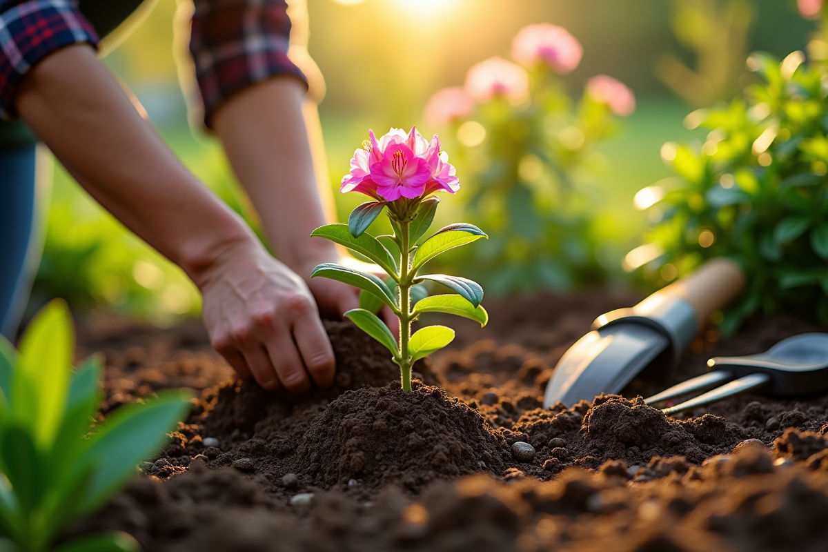 Jardinier plantant des rhododendrons dans la terre