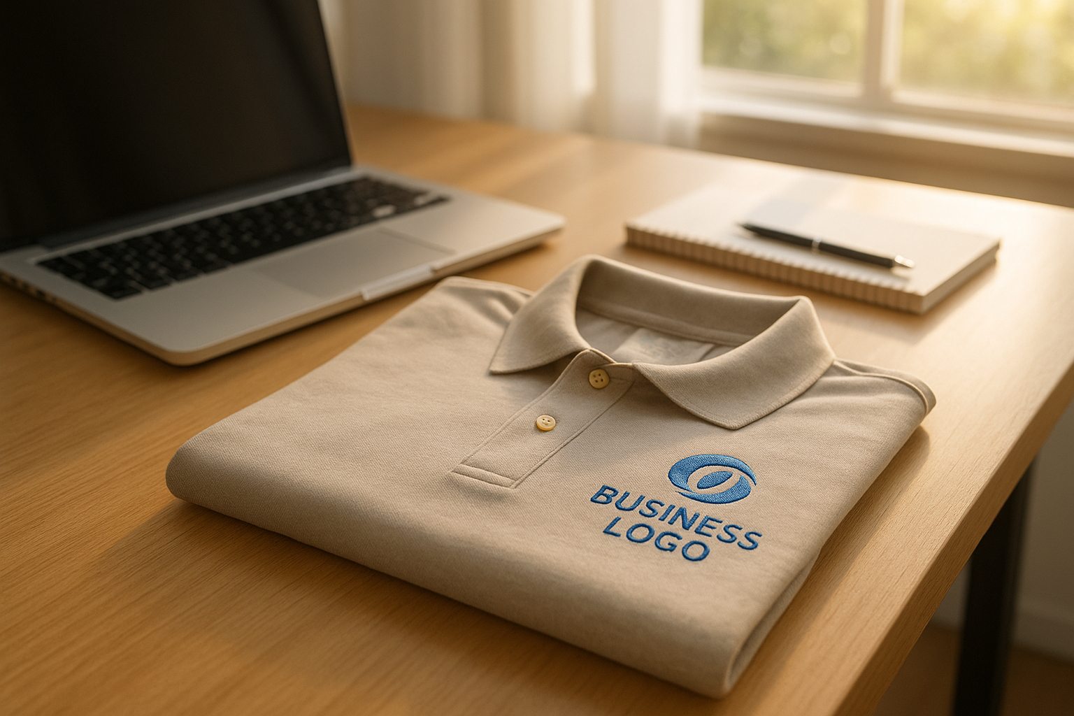 Polo personnalisé avec logo brodé sur un bureau en bois