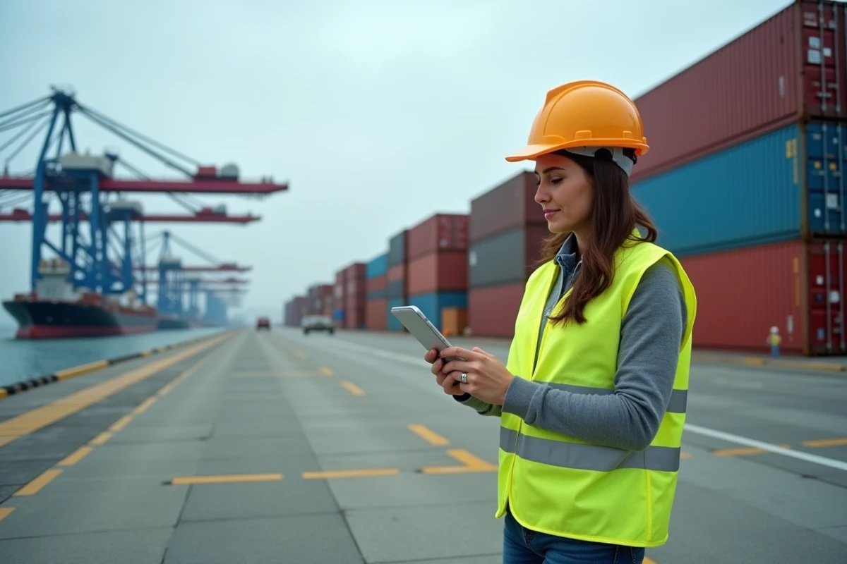 Coordinatrice logistique dans un port de conteneurs international symbolisant les flux du commerce mondial et la dotation en facteurs