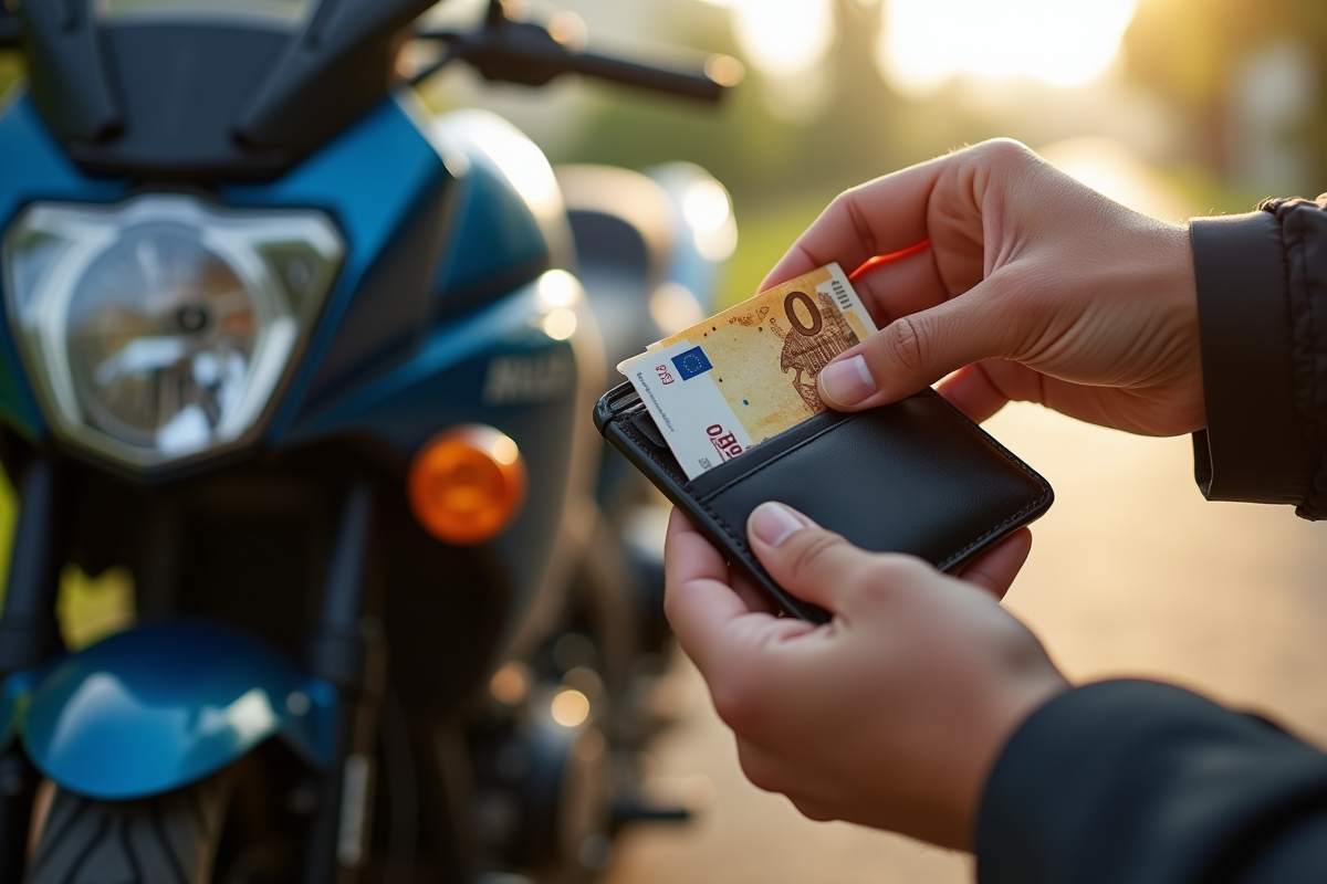 Porte-monnaie ouvert avec papiers moto et billets euros