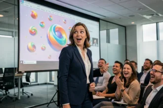 Femme professionnelle devant une présentation animée avec effet barrel roll lors d'une réunion d'entreprise
